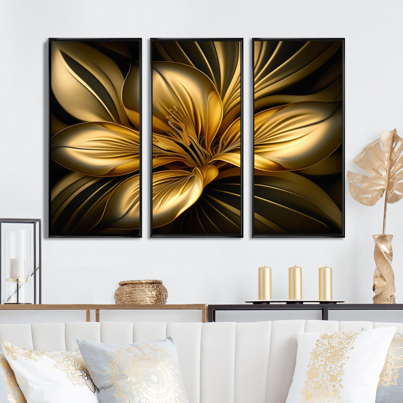 «Lily Gold I», reproduction sur toile 3 pièces, Toile encadrée noire, H 28 po x l 36 po x P 1 po