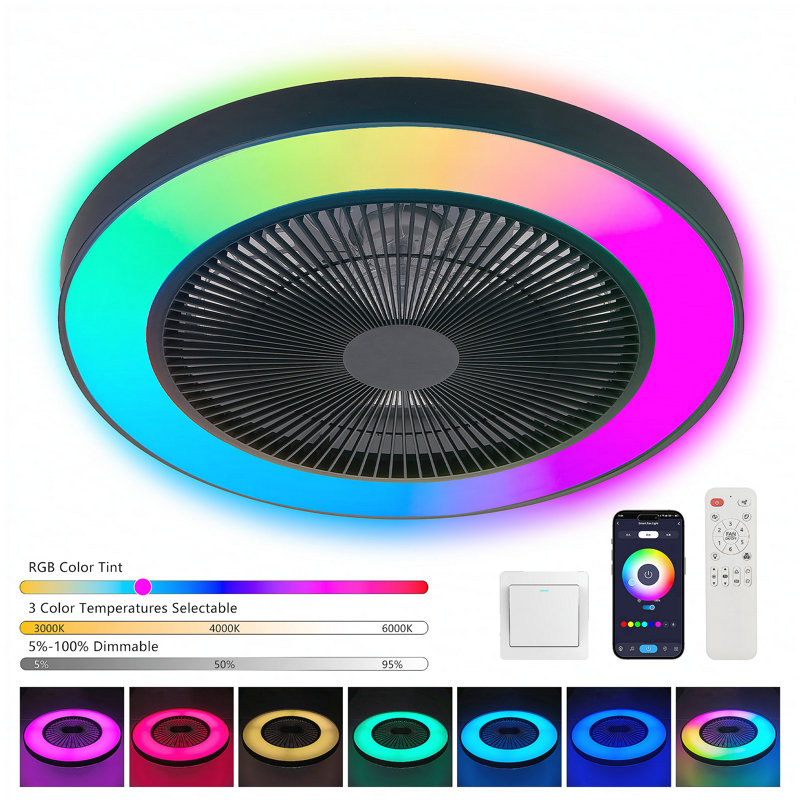 19-inch Black Ceiling Fan Light with LED RGB – Dimmable & Color-Changing, APP & Remote Control, Modern Smart Ceiling Fan for Living Room, Bedroom, and Dining Room (Silent/6-Speed/Reversible/DC Motor)