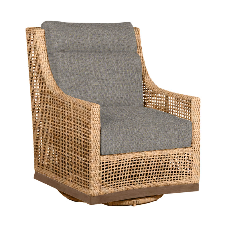 Outdoor Peninsula Gliding Wicker/Rattan Chair with Cushions, Light Raffia/Natural Sandalwood, Rollo Chambray InsideOut® Linen