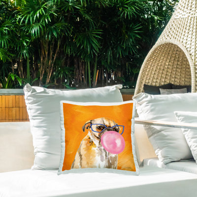 Dog in Glasses with Bubblegum Outdoor Printed Pillow by Rachel Nieman