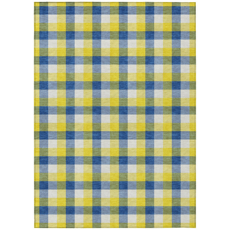 3' X 5' Yellow Blue And Beige Plaid Washable Indoor Outdoor Area Rug
