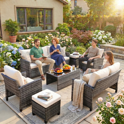 Ensemble de 7 pièces de mobilier d'extérieur en osier pour patio, ensemble de conversation modulaire en osier pour patio avec repose-pieds, canapé à 3 places et table basse pour la cour arrière, porche, gris / beige