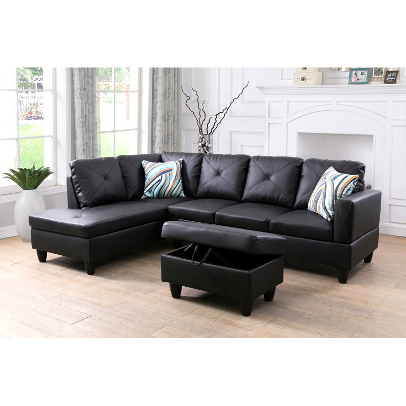 Faux Leather L-Shaped Sectional Left Hand Facing, Left Hand Facing, Black Faux Leather