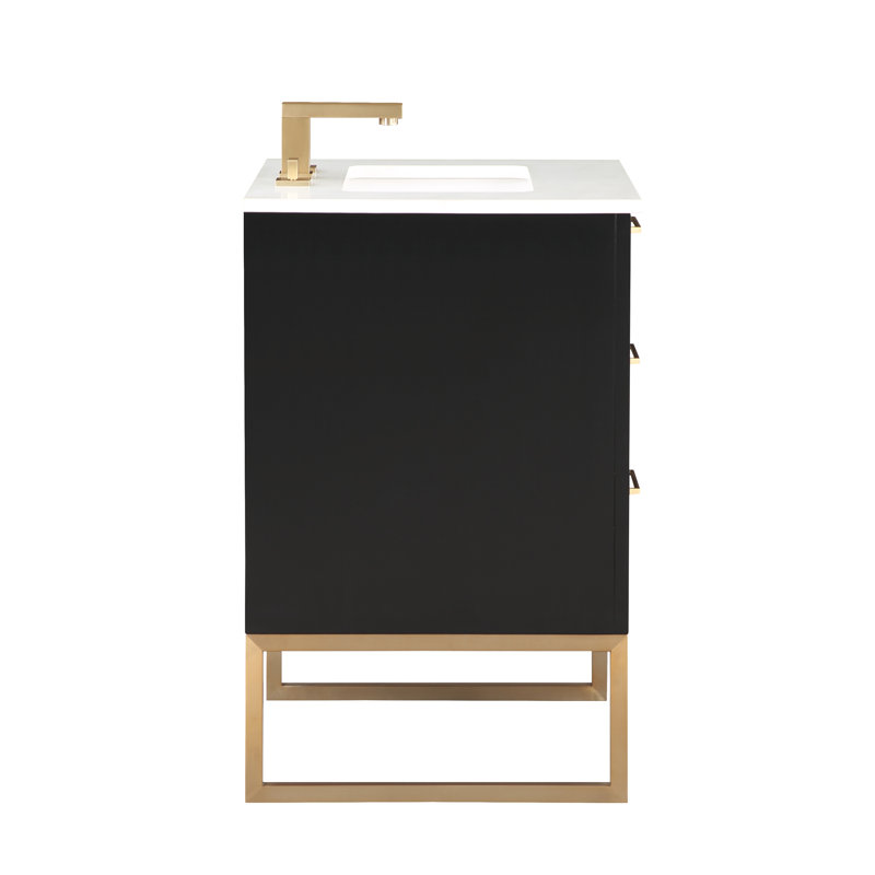 Markham 24'' W Single Vanity, Midnight Black, Universal Calacatta Quartz, Satin Brass