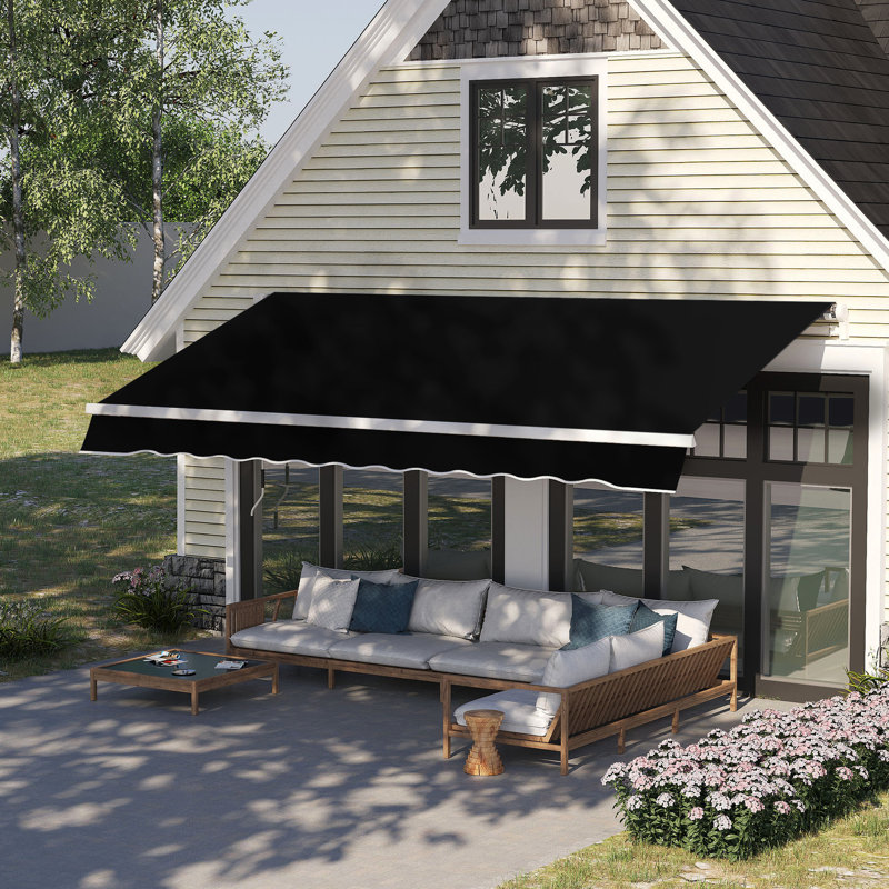 Auvent de patio 8 pi x 7 pi - soleil noir rétractable manuellement. S'ajuste facilement pour minimiser et chauffer, compatible avec différentes surfaces, cadre en aluminium et en acier