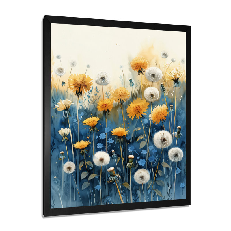 Jaune et bleu, jardin de vie, pissenlit - Pissenlit, art mural, Cadre simple noir, H 32 po x l 16 po x P 1 po