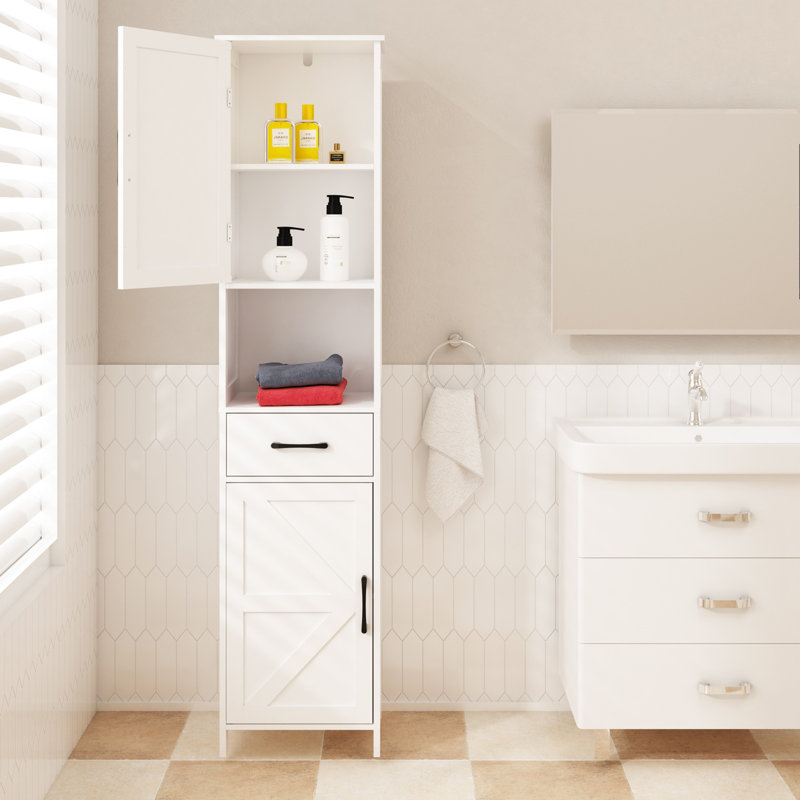 Grande armoire de salle de bain blanche autoportante en lin avec 2 portes, 1 tiroir et 1 tablette ouverte - tablettes réglables 
