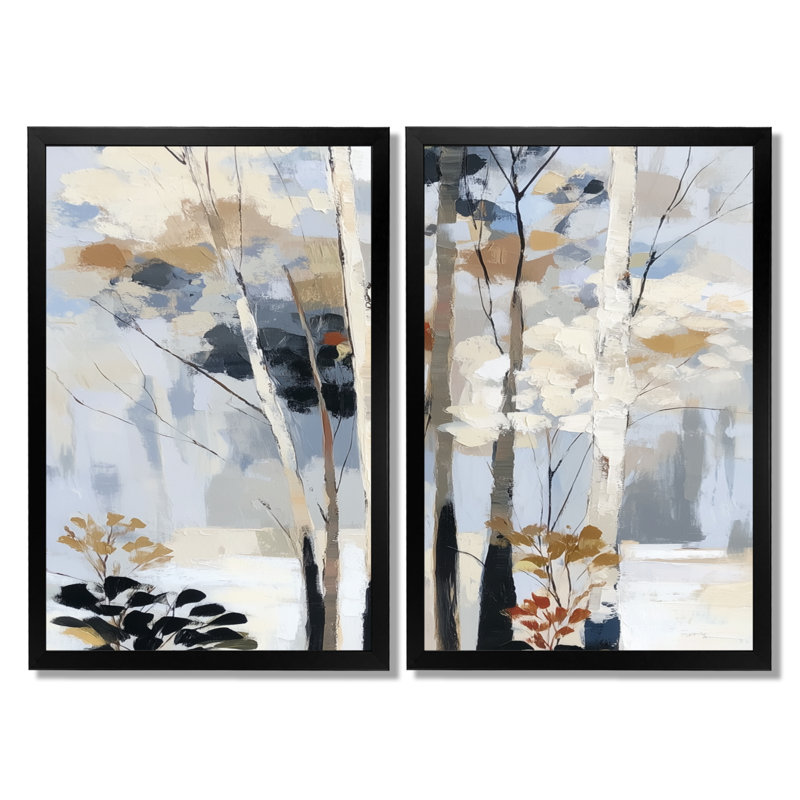 «White and Black Birch Trees Forest Panorama - Birch Wall Decor, White Nature», art mural encadré 2 pièces, H 36 po x l 48 po