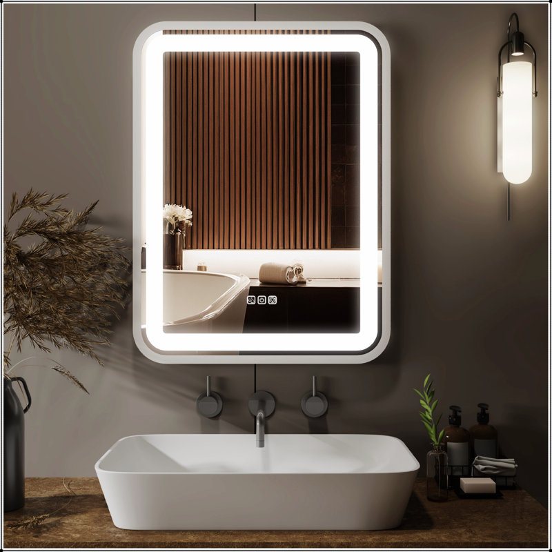 Miroir de salle de bain pour salle de bain avec lumière pour cadre intelligent DEL 36 x 28 Miroir de maquillage pour dessus d'évier à intensité variable 3 couleurs avec fonction de mémoire anti-buée verticale et horizontale