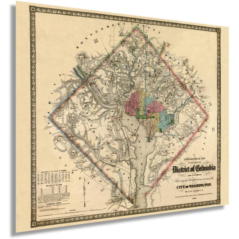 1862, Washington DC, carte, affiche, art mural, H 24 po x l 30 po x P 0,1 po