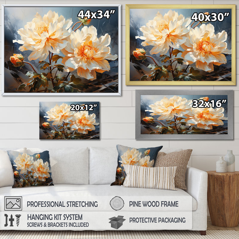 White Affodils Romantic Impression I - Floral Wall Art Living Room, Cadre simple noir, H 34 po x l 44 po x P 1,5 po