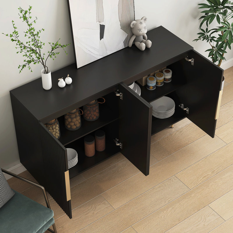 Fluted Buffet Accent Cabinet With Adjustable Shelves, Black
