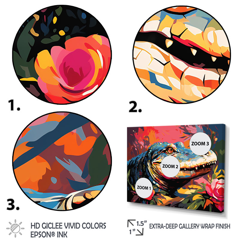 Popart alligator Blooms II - crocodile, art mural, Cadre d'angle fermé noir, H 34 po x l 44 po x P 1,5 po
