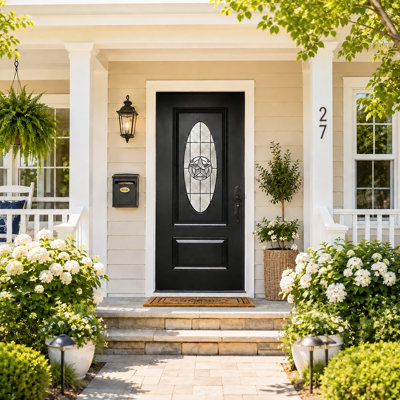 Porte d'entrée avant en fibre de verre 36 po x 80 po avec verre décoratif ovale, cadre en PVC blanc 4-9 / 16 po et moulure de brique, démontable, ouverture à gauche, noir