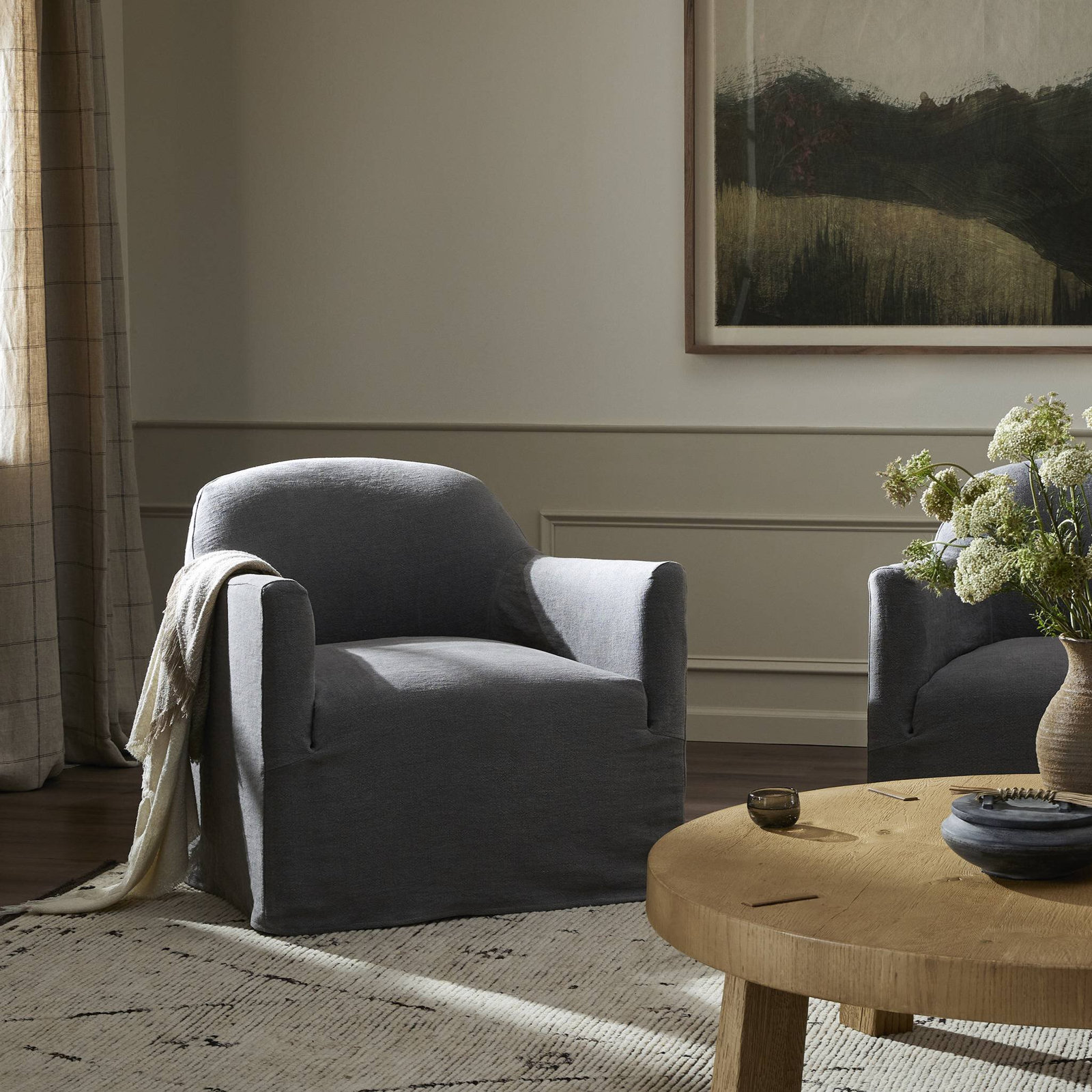 Lowell Slipcover Swivel Chair, Blue Linen