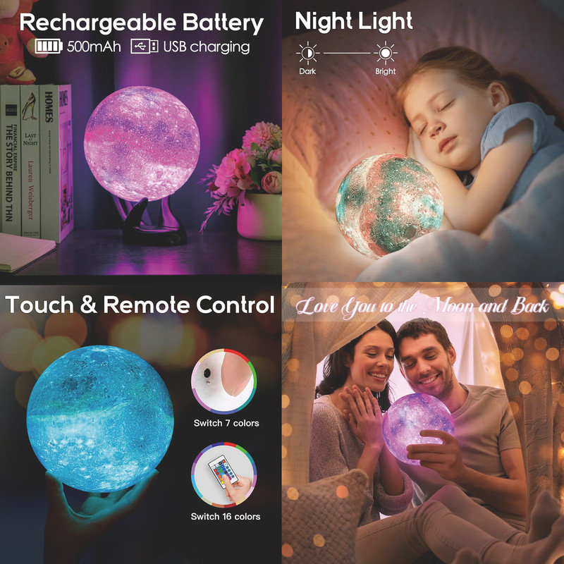 7.1inch Galaxy Lamp 16 Colours Moon Lamp,Remote & Touch Control USB Rechargeable(Black Hand Base)