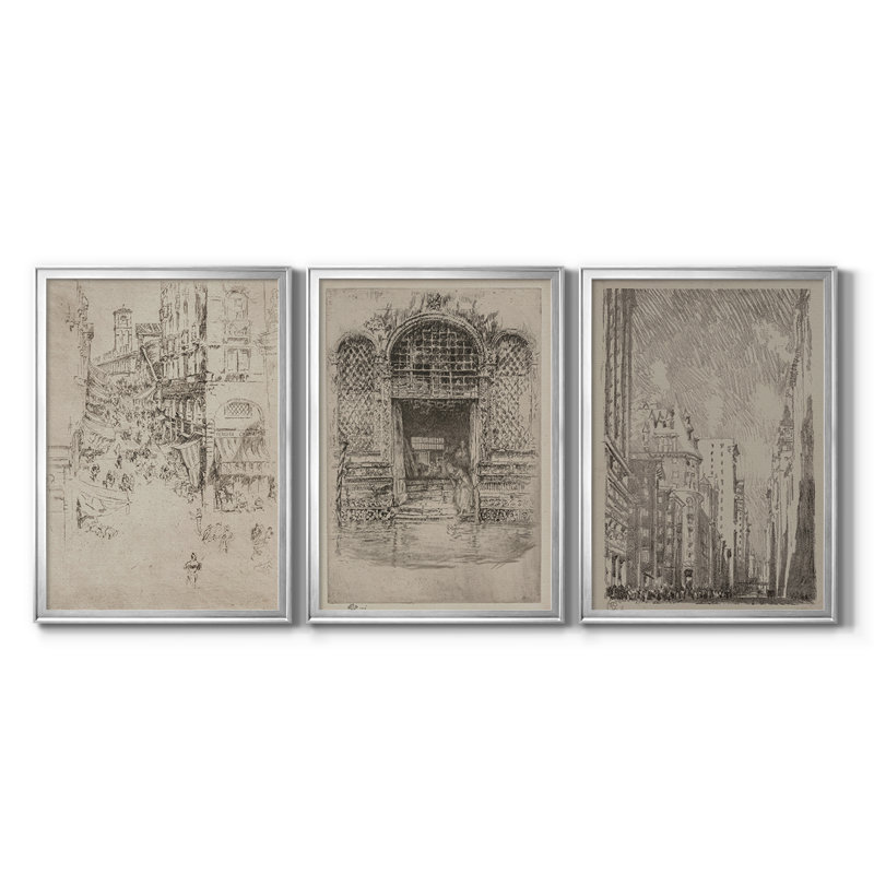 Croquis rétro Lxxxx - Toile tendue avec châssis encadré - 3 pièces, Argent argent, H 27 po x l 39 po