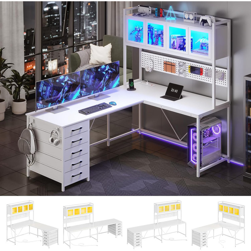 Roarke L-Shaped Computer Desk with Power Outlet, White