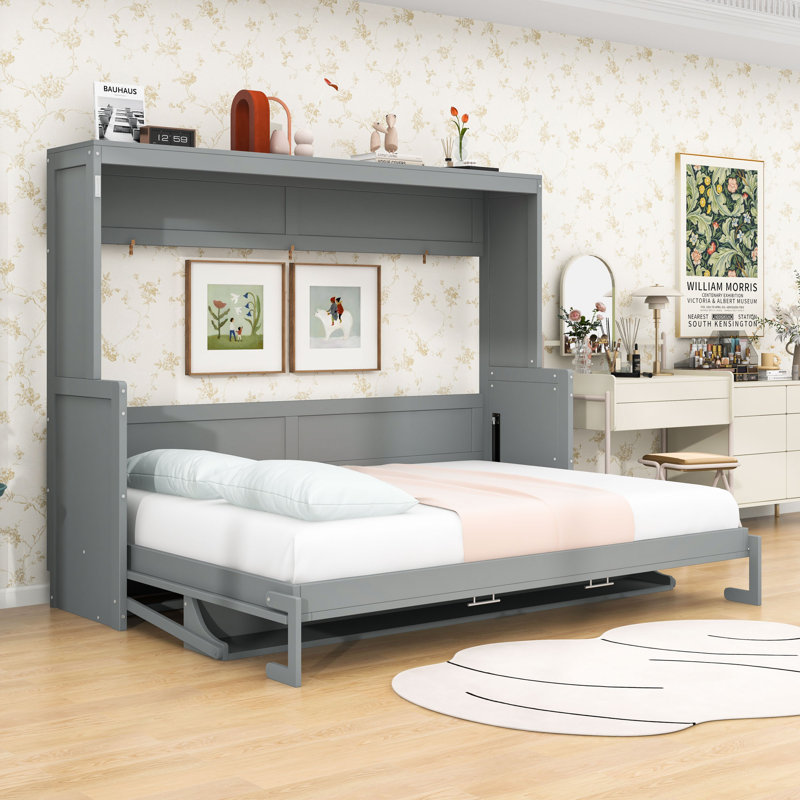 Wooden Murphy Bed with Folding Desk and Built-in Storage for Small Spaces, Queen, Gray