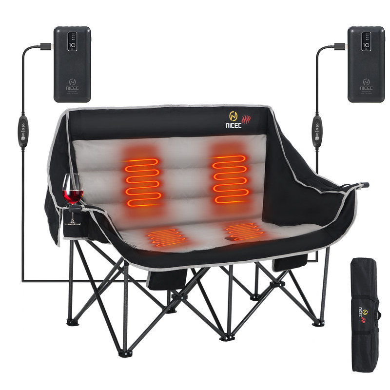Heated Double Camping Loveseat with Cupholders, Storage, Power Bank, Heavy Duty Outdoor Chair