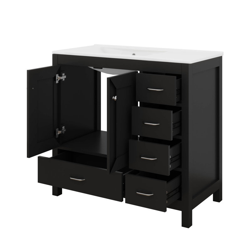 Ensemble de meuble-lavabo simple 36 po avec deux portes et 5 tiroirs, meuble-lavabo en bois massif 36 po avec lavabo