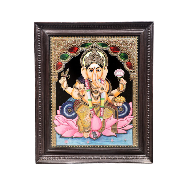 Lord Ganesha assis sur une peinture de lotus Tanjore | Couleurs traditionnelles avec or 24 carats | Structure en bois de teck
