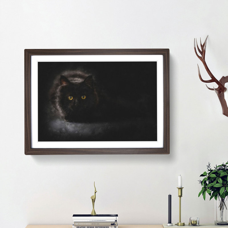 Black Cat with Yellow Eyes - Picture Frame Painting Print, 24cm H x 33cm W x 2cm D, Walnut Framed