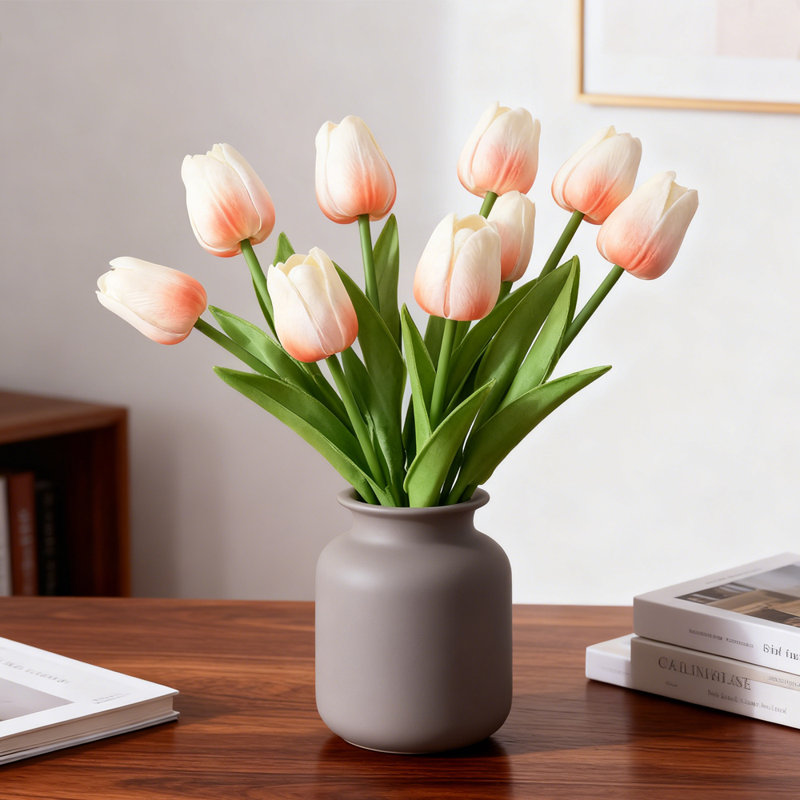 Bouquet de 10 tulipes artificielles, tiges de tulipes en polyuréthane 13,4 po Real Touch Simulation, Champagne