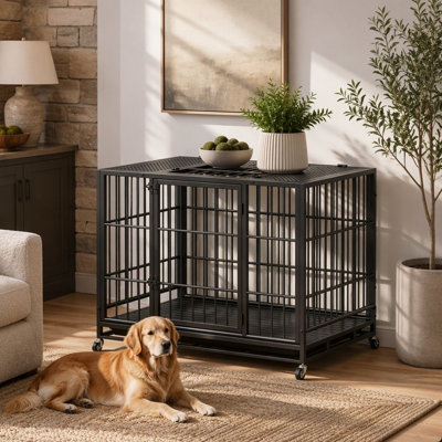 Caisse mobile robuste pour chien avec roues verrouillables et loquet tournant, chenil intérieur / extérieur en métal