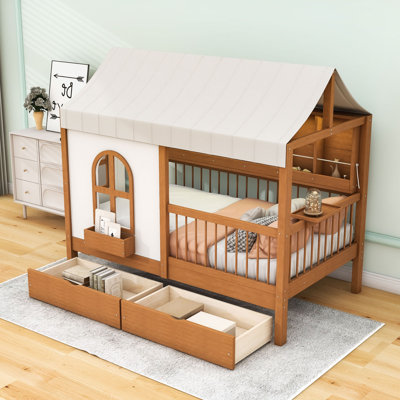 Wood House Bed with 2 Drawer, LED Strip and USB Charging Station