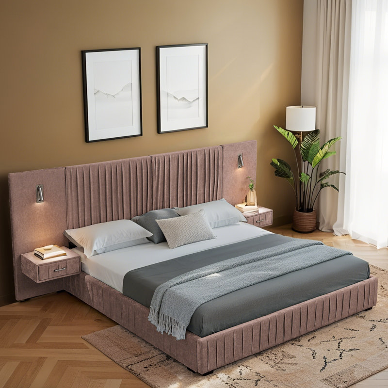 Structure de lit tapissier grand, tissu chenille avec design plissé et table de chevet intégrée, Rose