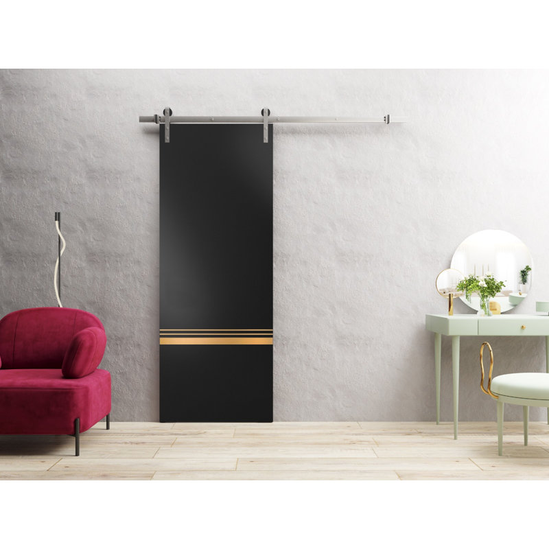 Porte de grange en bois manufacturé massif 2010, Noir mat / Chrome, 42 po x 96 po