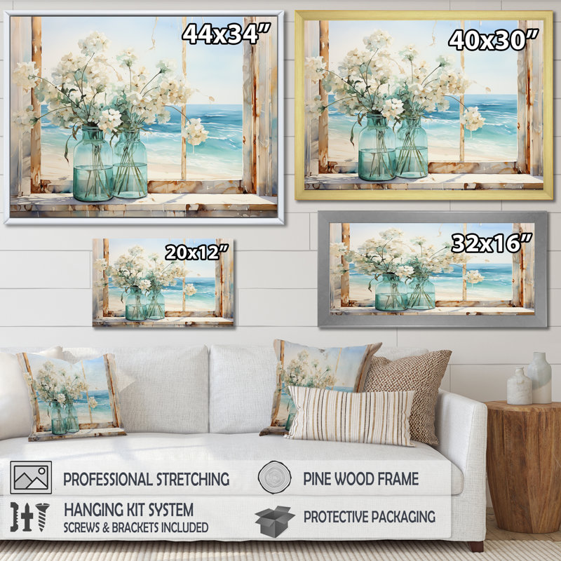 «Blue Window Beachfront View Blooms I» - art mural fenêtres côtières, H 30 po x l 40 po x P 1,5 po, Toile tendue