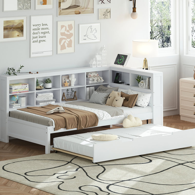 Lit de jour simple blanc avec lit gigogne, charge et rangement, fabrication en bois de pin, cadre, 10 lattes de lit, matelas de 6 po recommandé, peu encombrant, tablette de rangement avec capacité de charge de 350 lb, blanc, bois,