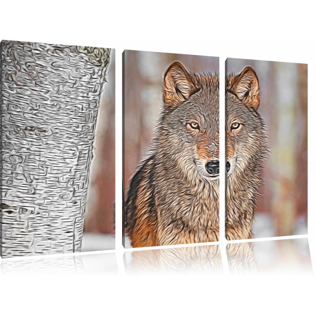 3-tlg. Leinwandbilder-Set „Anmutiger Wolf steht im Wald“, Grafikdruck