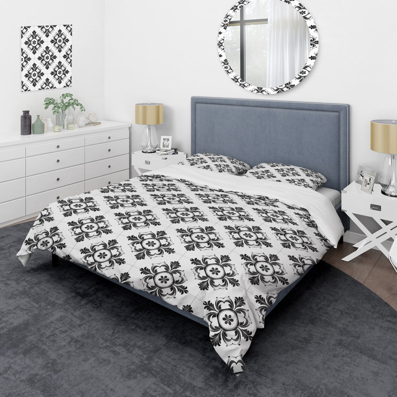 Ensemble de housse de couette moderne noir et blanc quadrilobe I, Housse de couette pour grand lit et 2 taies décor