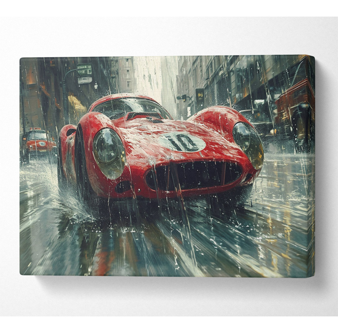 Ferrari Race Car In The Rain - No Frame Kunstdrucke auf Leinwand