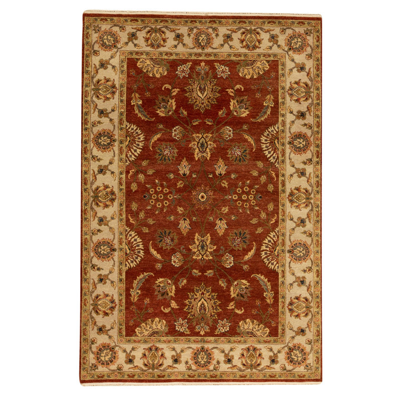 Tapis rouge / beige / brun en laine noué à la main de conception unique 6 pi x 9 pi