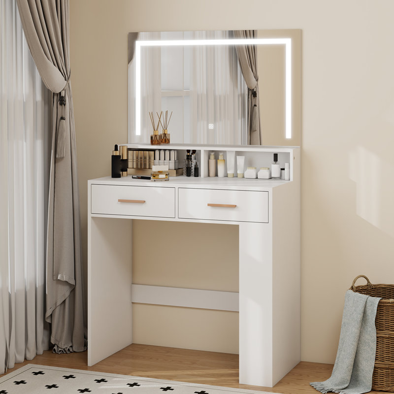 Vanity Desk with Mirror and Lights,White Makeup Vanity with Power Outlet 