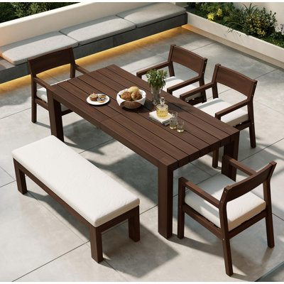 Ensemble de table de salle à manger pour 6 personnes, ensemble de mobilier d'extérieur avec trou pour parasol, table rectangulaire de 71 po, chaises et banc avec coussins amovibles pour la cour, le jardin, le bord de la piscine (coussin moka + beige)