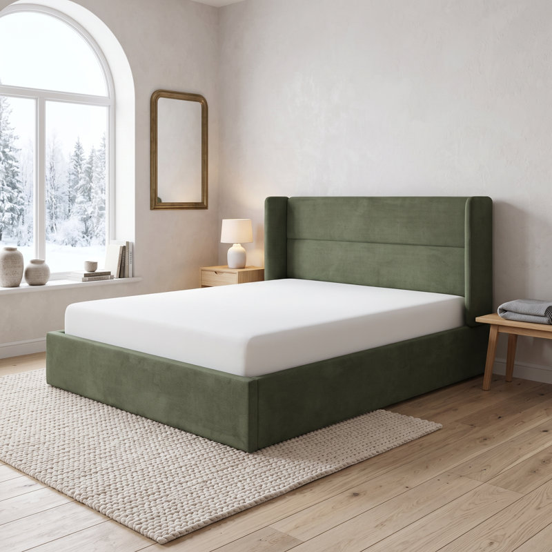 Structure de lit tapissier Annek avec rangement relevable, tête de lit à oreilles de H 40,9 po, lattes de bois et structure en métal, plusieurs tailles et options de tissu disponibles