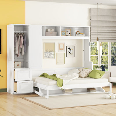 Grand lit escamotable mural avec placard et tiroirs, grand lit, blanc