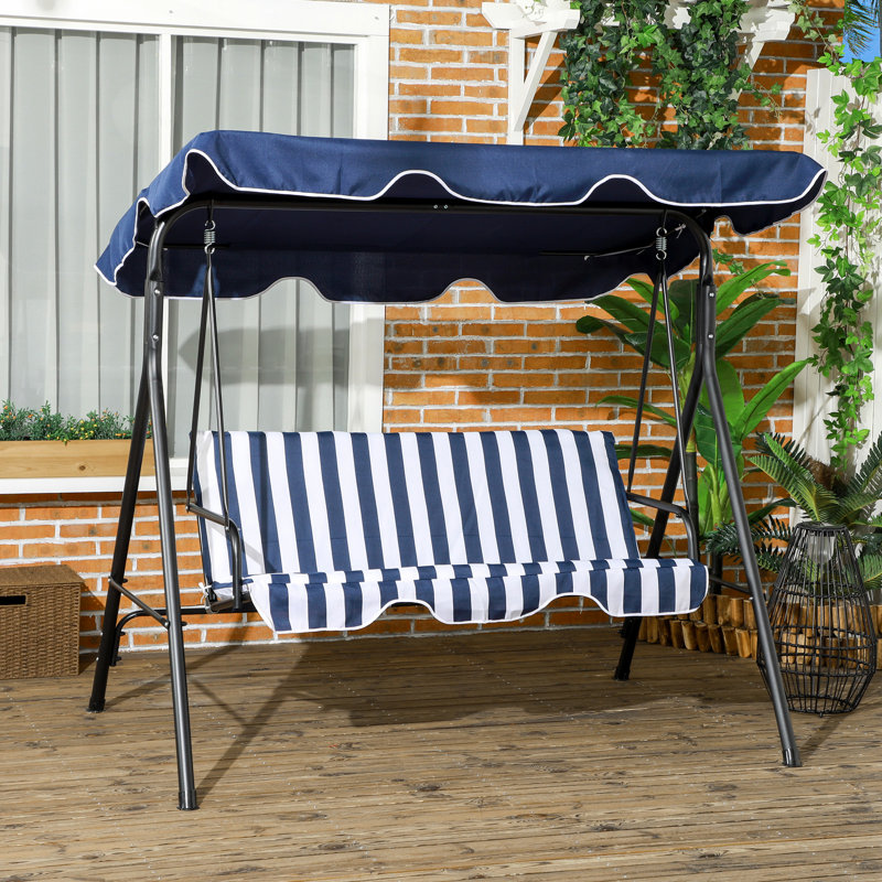 3 balancelles de patio bleu foncé. Coussin amovible. Structure en acier robuste. Auvent réglable inclinable pour la piscine, la cour arrière. Détendez-vous et détendez-vous. Capacité de poids de 440 lb. L 67,75 po x P 43,25 po et H 60,25 po