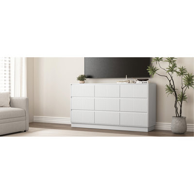 Commode 9 tiroirs pour chambre à coucher avec grands tiroirs, commode en bois, grande commode de plancher, meuble télé long et moderne, table d'appoint avec rangement Mid-Century, blanc
