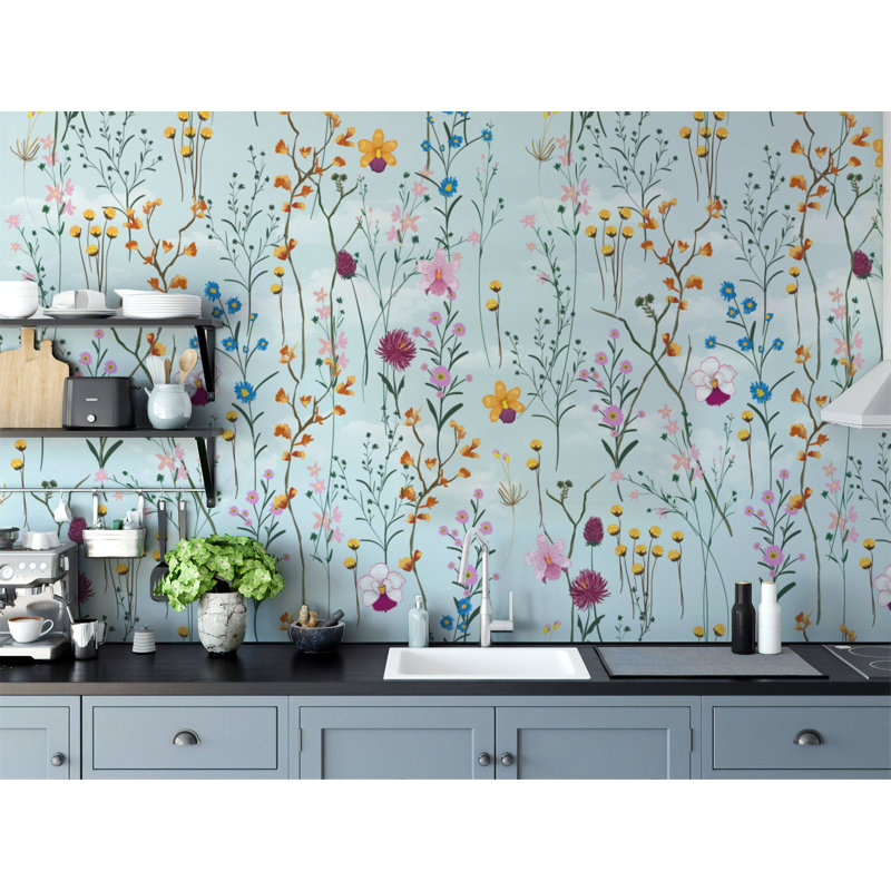 Papier peint amovible floral, Bleu, L 9 po x l 15 po