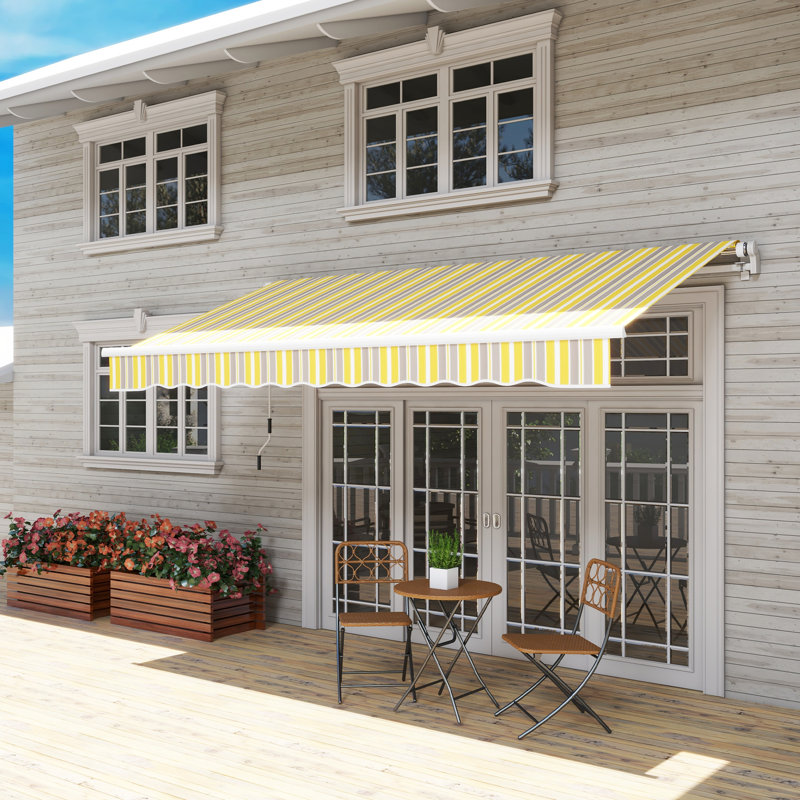 Auvent de jardin rétractable 12 pi x 10 pi. Manivelle manuelle. Et eau - tissu. Cadre en aluminium. Abat-jour de terrasse jaune et gris. Tissu, patio balcon.