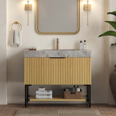 Meuble-lavabo 36 po, armoire de rangement autoportante rayée en contreplaqué avec tiroir et tablette ouverte, lavabo rectangulaire sans robinet, pré-assemblé