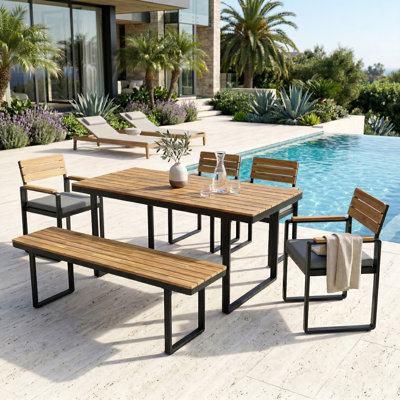 6-Piece Acacia Wood Outdoor Dining Set, Rectangular Dining Table with 4 Cushioned Chairs and 1 Dining Bench for Patio, Garden and Backyard