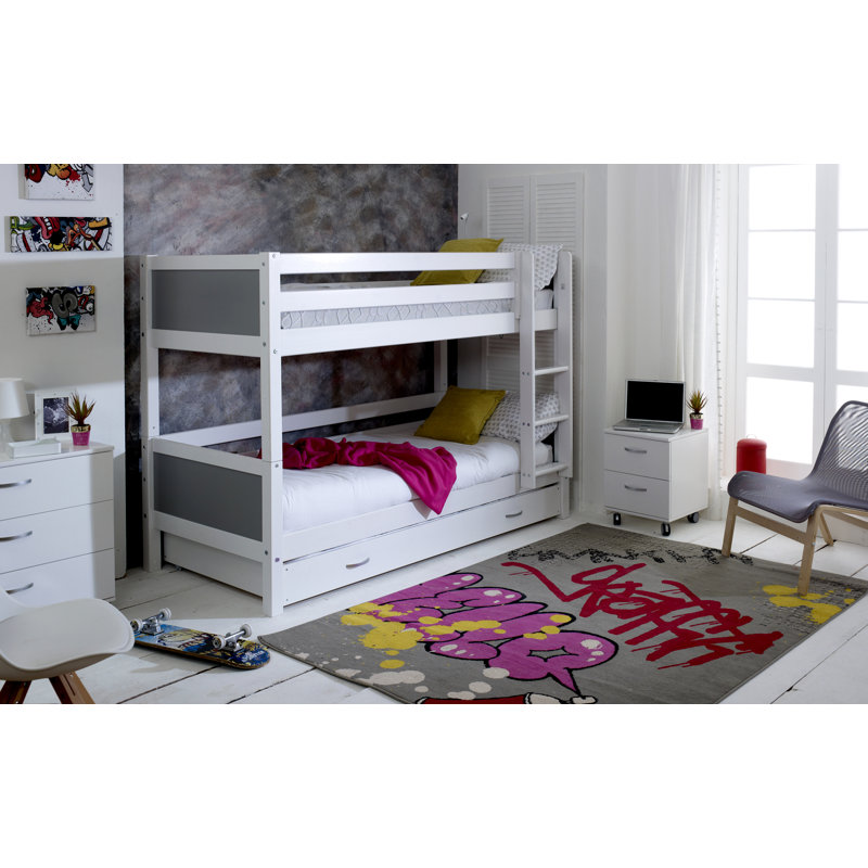 Booth European Single (90 x 200cm) Standard Bunk Bed with Trundle, White/Grey