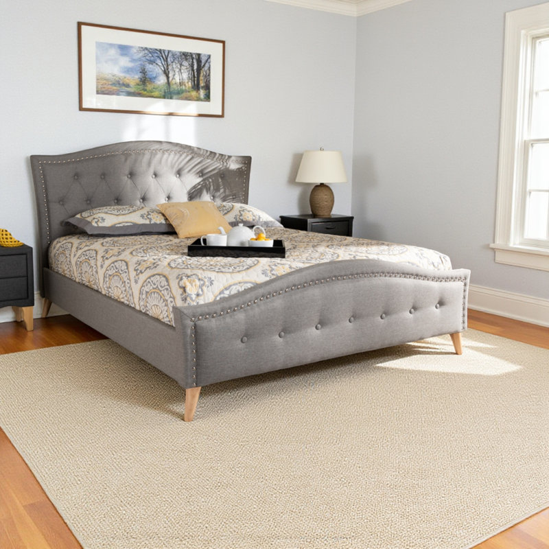 Lit plateforme tapissier touffeté, gris, Grand